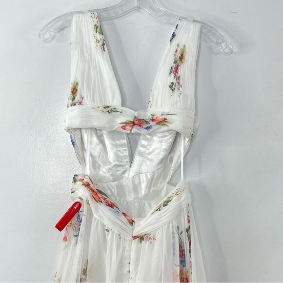 Mac Duggal 67940 Size 2 Floral Print Cutout Waist Tiered White Multicolor Dress - Picture 6 of 10